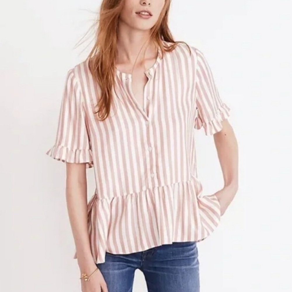 Madewell Pink and White Striped Blouse with Ruffle Sleeves